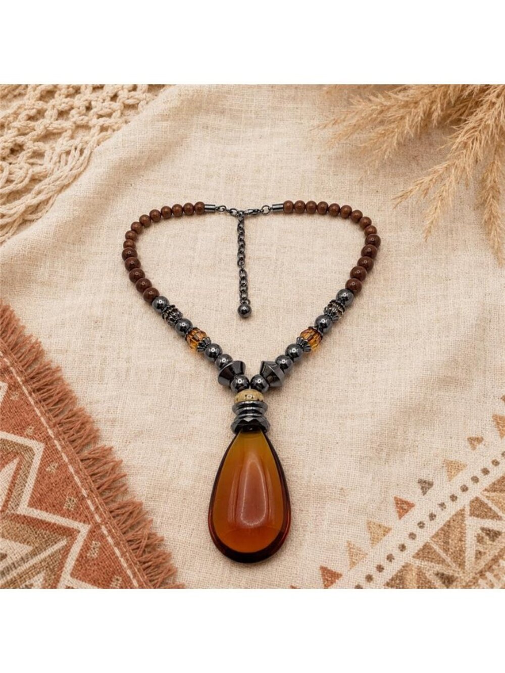 Brown Beaded Amber Glass Teardrop Pendant Gunmetal Necklace 20 in Boho